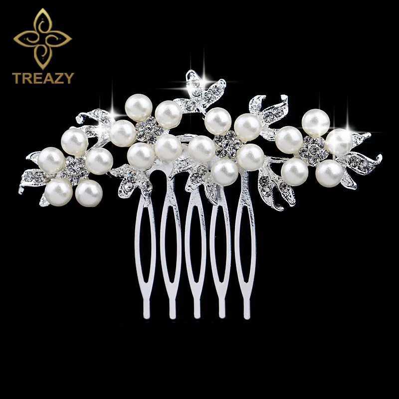 TREAZY Fashion Pearl Crystal Wedding Hair Jewelry Charm Floral Bridal Hair Combs Women Party Hairpins Wedding Hair cessories L250928CS1R
