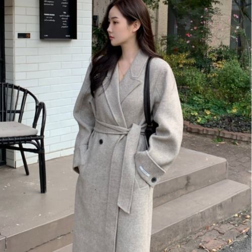 Korean Chic Style Herringbone Suit Collar LaceUp MidLength Woolen Coat Autumn Winter New Woolen Overcoat for Women 241202