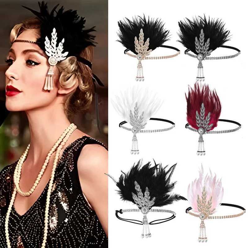 1920s Flapper Headband Vintage Bridal Great Gatsby Roaring Party Headpiece Feather Headband Costume Props Beaded Hair cessorie L25092815Y7