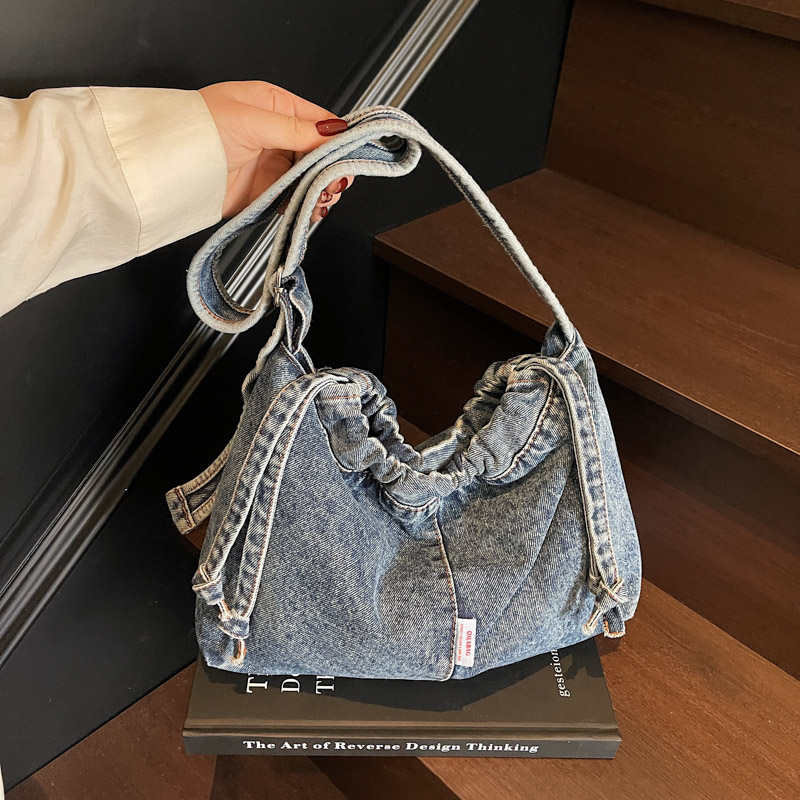 Artistic Denim Tote for Women, Large Capacity Drawstring Shoulder Crossbody Bag, Student Class Commuting Bag