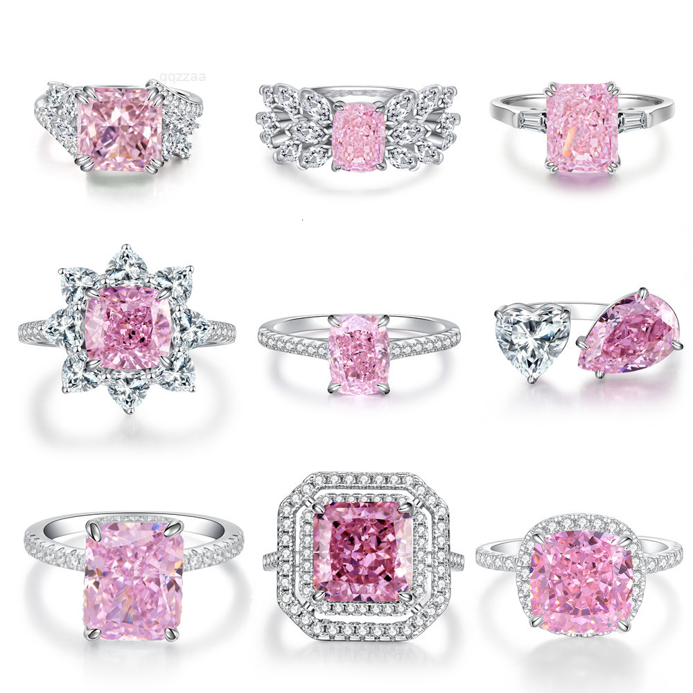 Wholesale S925 Sterling Silver Ice Flower Cut Ring for Women Radiant Pink Diamond Gemstone European American Style for Gift