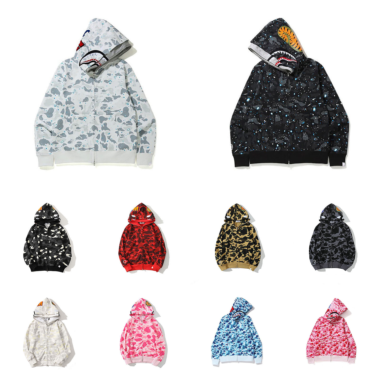 Designer Men's Hoodies Shark Hooded Luminous Camouflage Zip up Hoodie Vintage Hip Hop Casual Loose Double Hat Sweatshirt Men