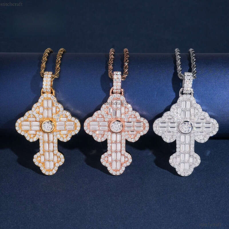 Hip Hop Style Tennis Chain Cross Necklace Sparkling Sterling Sier VVS Moissanite Custom Iced Out Pendant