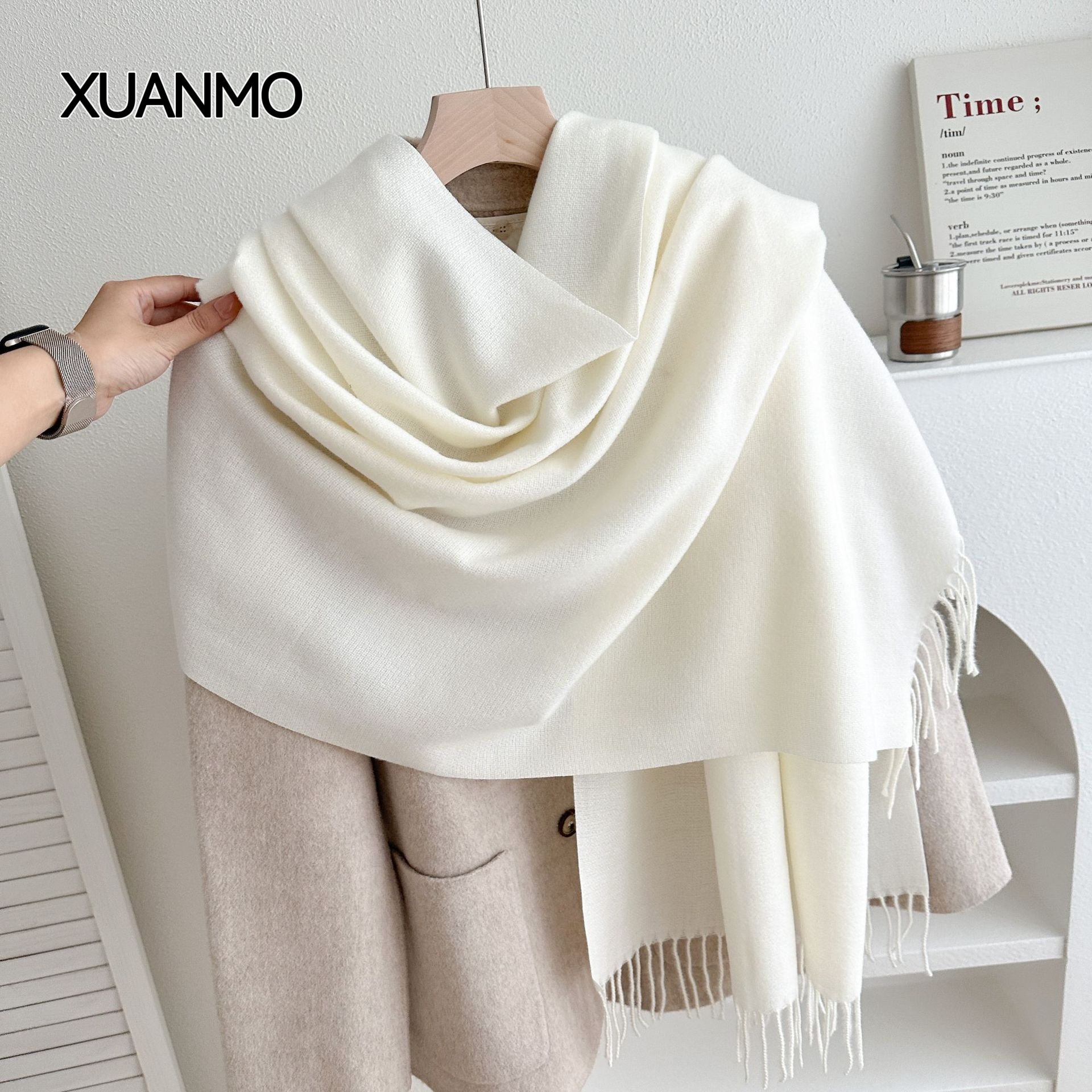 K2008 Texture upgrade | Faux cashmere solid color tassel scarf, thickened and versatile shawl for autumn and winter, unisex style