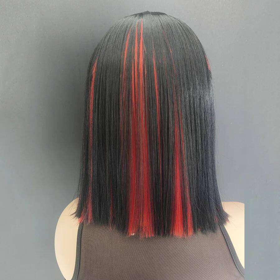 Ombre Red Short Bob Pink Non-Lace Front Synthetic Hair Wig Straight Pre Plucked Part Use For Black Women