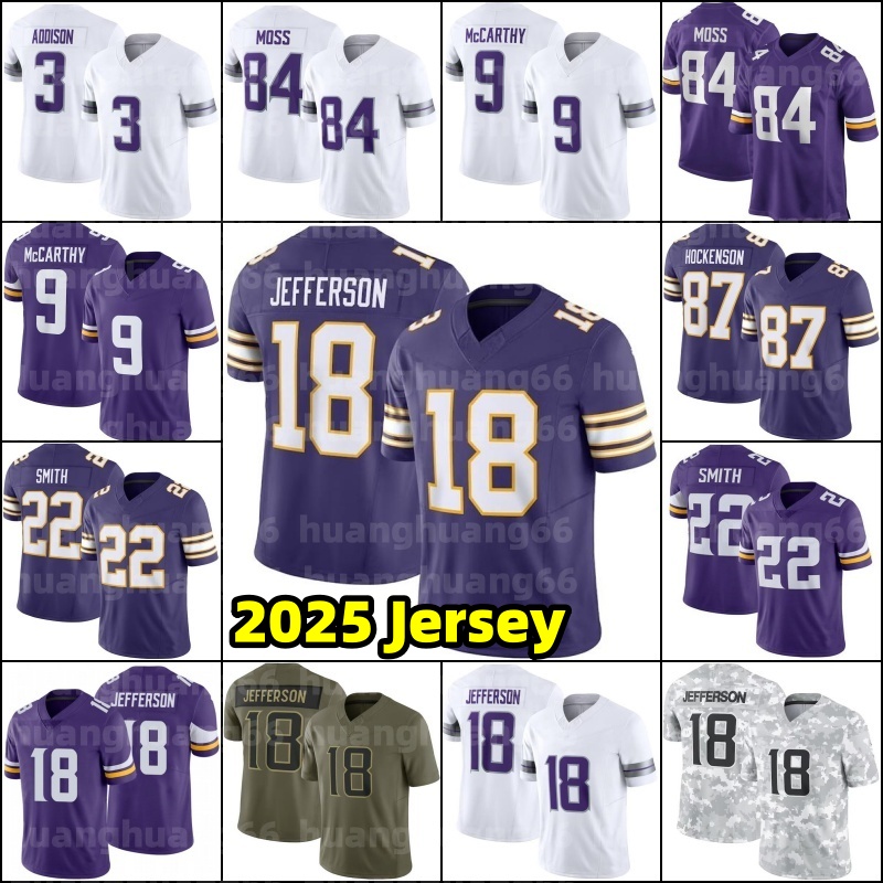 9 J.J. McCarthy Justin Jefferson Football Jersey Addison Aaron Jones TJ Hockenson Harrison Smith Adam Thielen Randy Moss Ivan Pace Jr Andrew Van Ginkel Tai Felton Mason