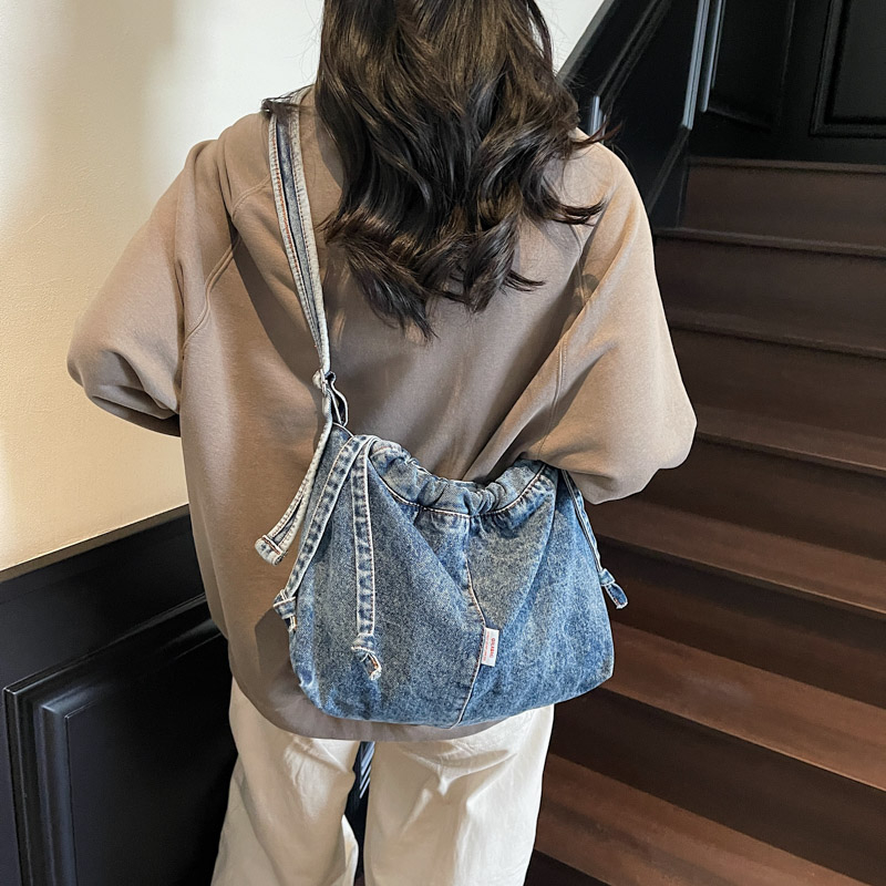 Artistic Denim Tote for Women, Large Capacity Drawstring Shoulder Crossbody Bag, Student Class Commuting Bag