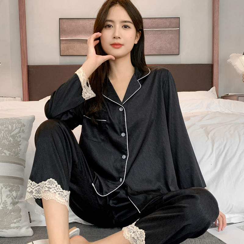 Herringbone Pattern New Womens Pajamas Spring and Autumn Thin Ice Silk Long Sleeve Highend Imitation Silk Homewear Plus Size Set 220827