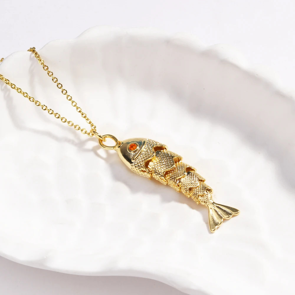 Stainless Steel Fish Pendant Charms Pave Red Green Zircon Ocean Fish Necklace For Women Choker Accessories Unisex Party Gift 250928