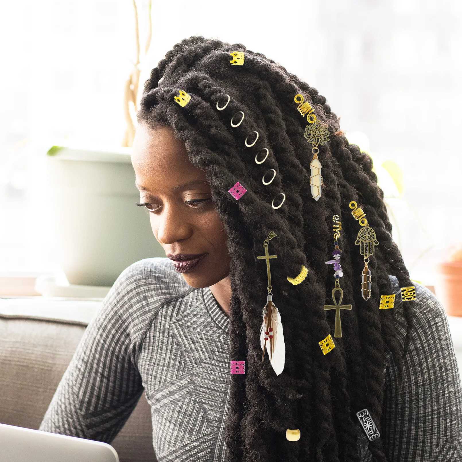 Stone Beads Crystal Feather Cross Pendant Hair Dreadlock cessories Women Spiral Hairpin Headwear Dangle Dirty Braid Jewelry L25092812AS