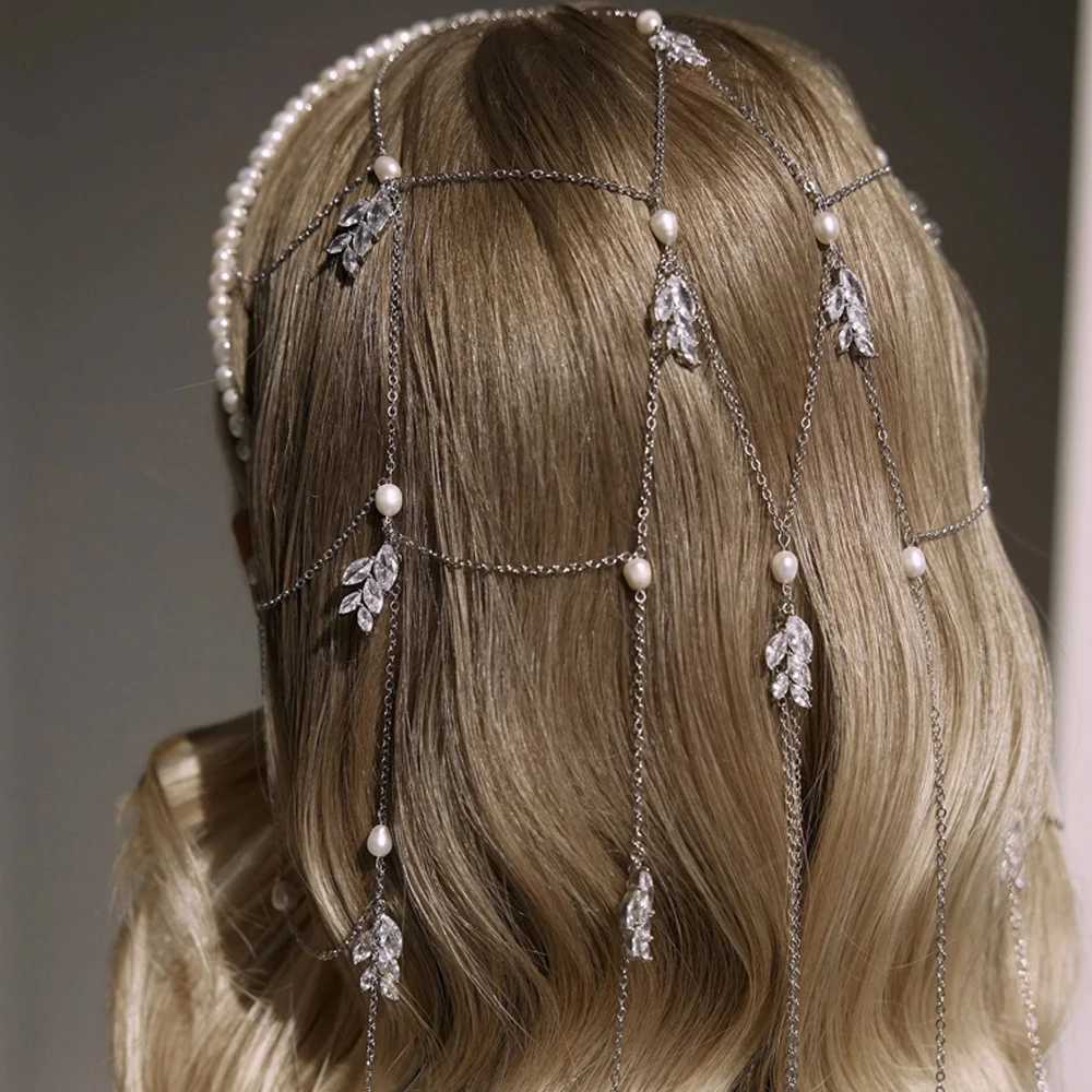Elegant Long Tassel Pearl Headband Chain Wedding Hair Decoration 2025 Boho Leaf Zircon Bride Head Chain Jewelry for Women Gift L2509281UV2