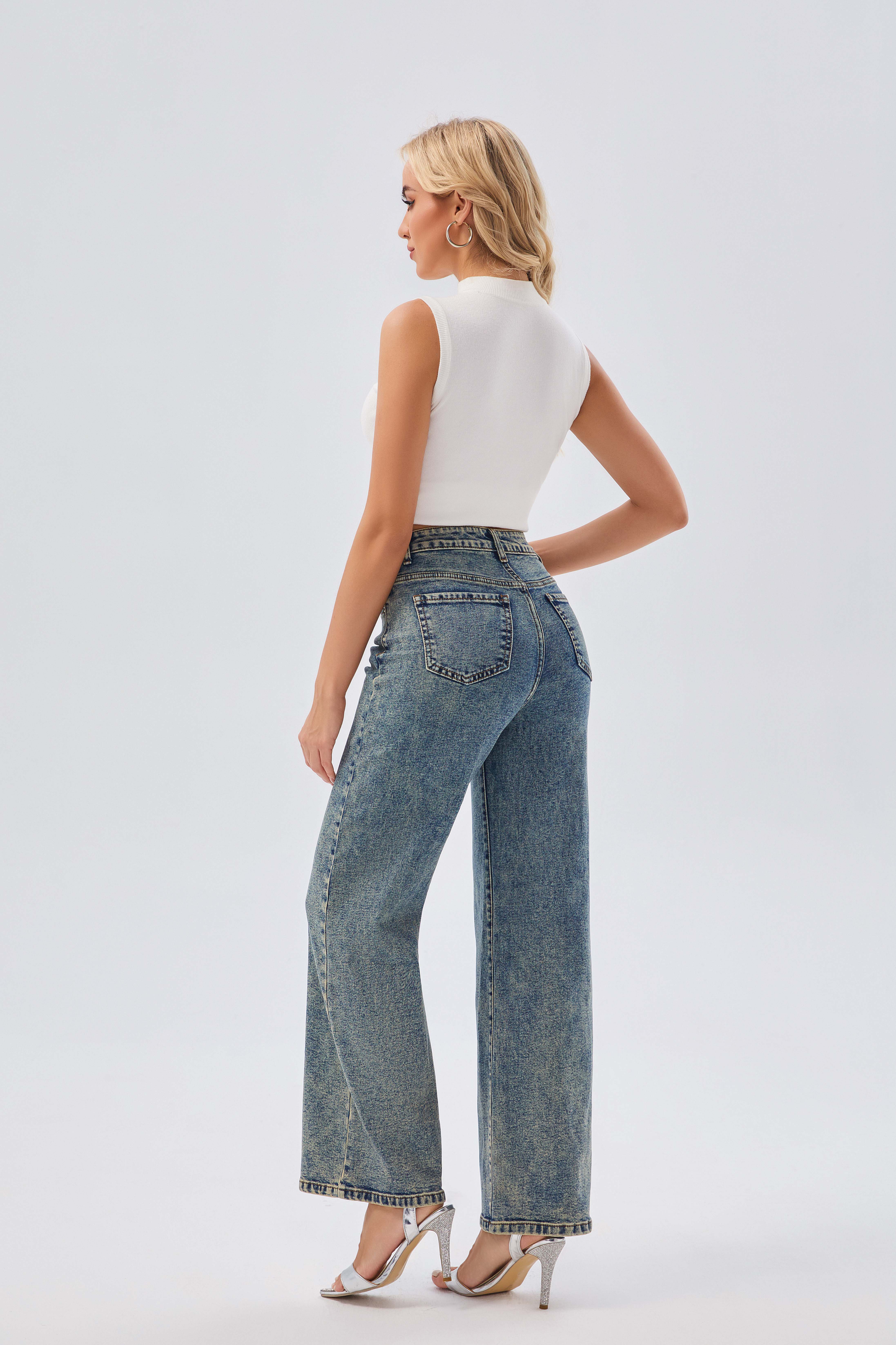 Women's Jeans Women's High - Waisted Wide - Leg Denim Floor - Length Pants, Stylish Casual Jeans for All Seasons