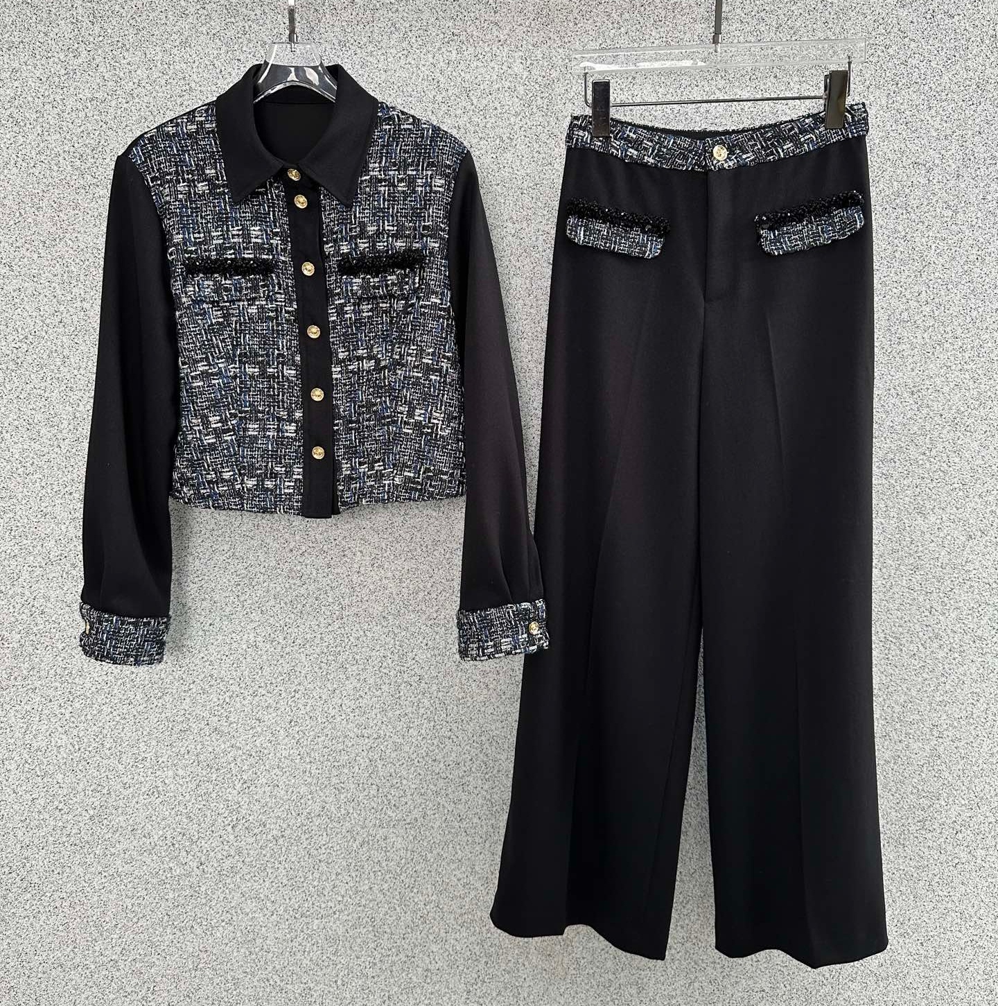 Long pants set with retro coarse tweed patchwork design and gold buckle long sleeved short top paired with casual wide leg pants two-piece set