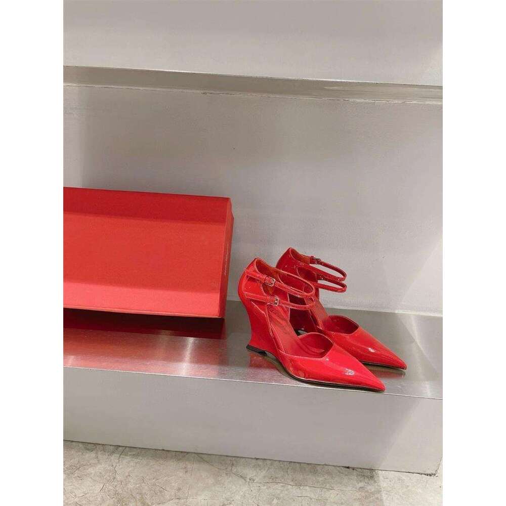 2025 New Red Patent Leather Sexy Wedge Pointed High Designer Shoe heels Shallow Mouth Single Shoes One Strap French Style Women's Sandals