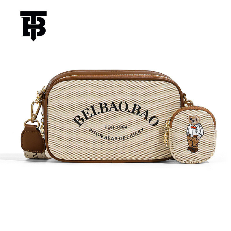 TB BHULAMTE Designer Bag Beibao Authentic Canvas Embroidered Letter Cartoon Squatting Bear Canvas Color-block Square Camera Bag For Women Luxury Bag 2