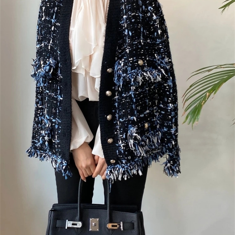 Vintage Tassels Patchwork Jacket Contrast Color Vneck Single Breasted Loose Coat Female Casual Fashion 240124