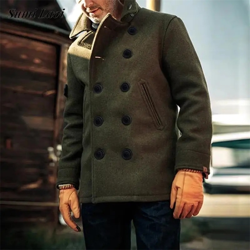 Vintage Double Breasted Woolen Coat Men Jackets Autumn Winter Fashion Pure Color Lapel Straight Jacket For Mens Clothes Outdoor 240711