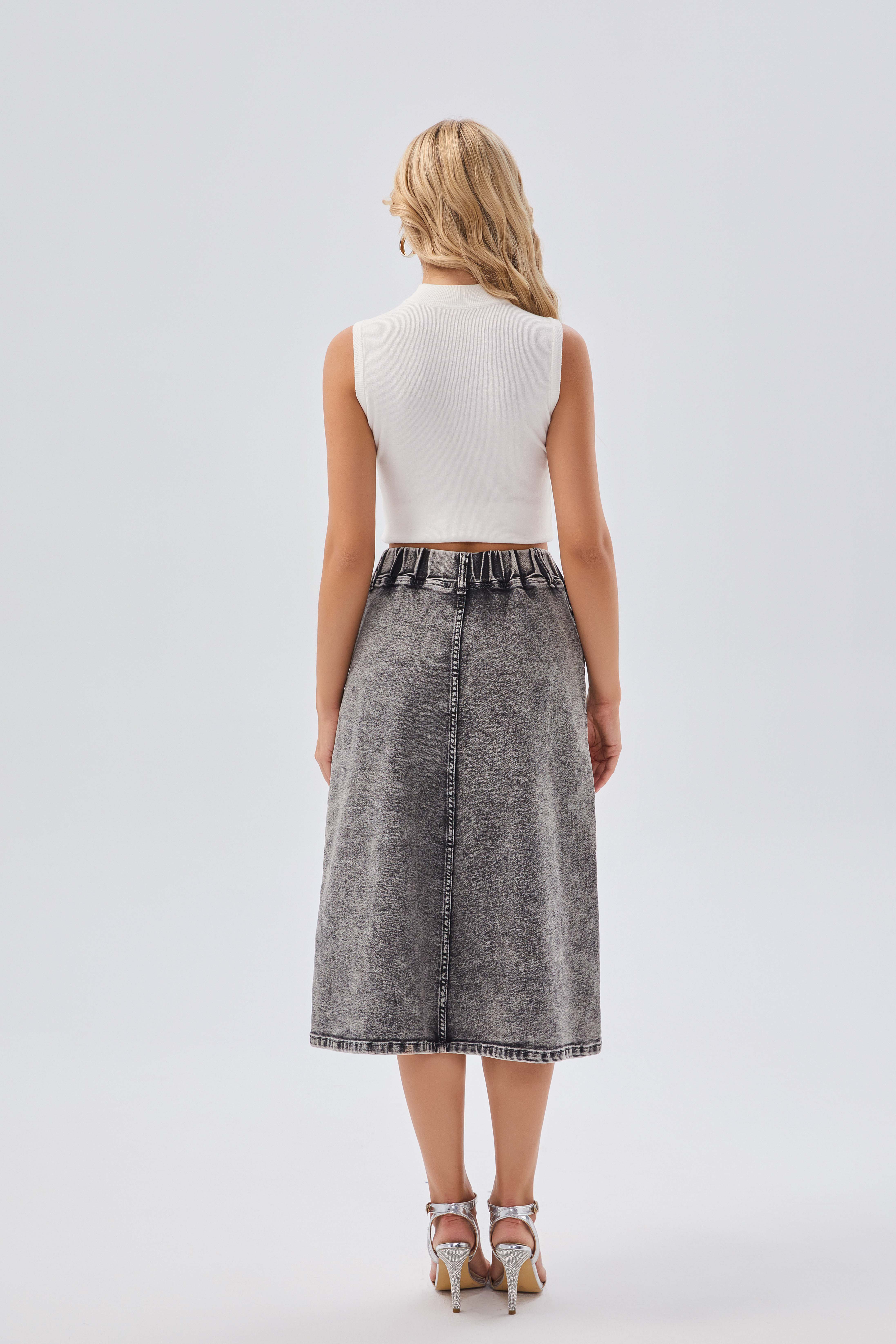 Skirts Women's High - Waist Washed Denim Midi Skirt, Stylish Casual Skirt for Daily and Party Wear