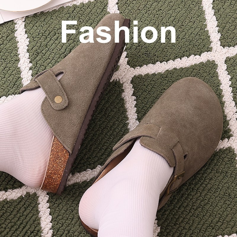 Comwarm Fashion Women's Suede Mules Slippers Men Clogs Cork Insole Sandals With Arch Support Outdoor Beach Slides Home Shoes