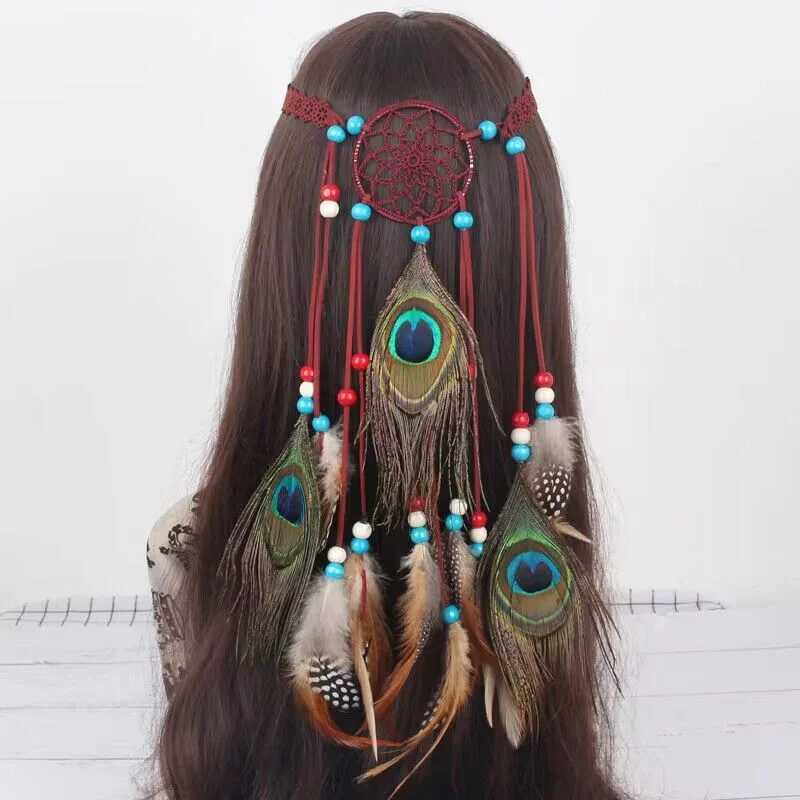 Indian Ethnic Style Bohemai Vintage Dream Catcher Peock Feather Tassel Adjustable Headband Head Jewelry Hair cessories L250928804A