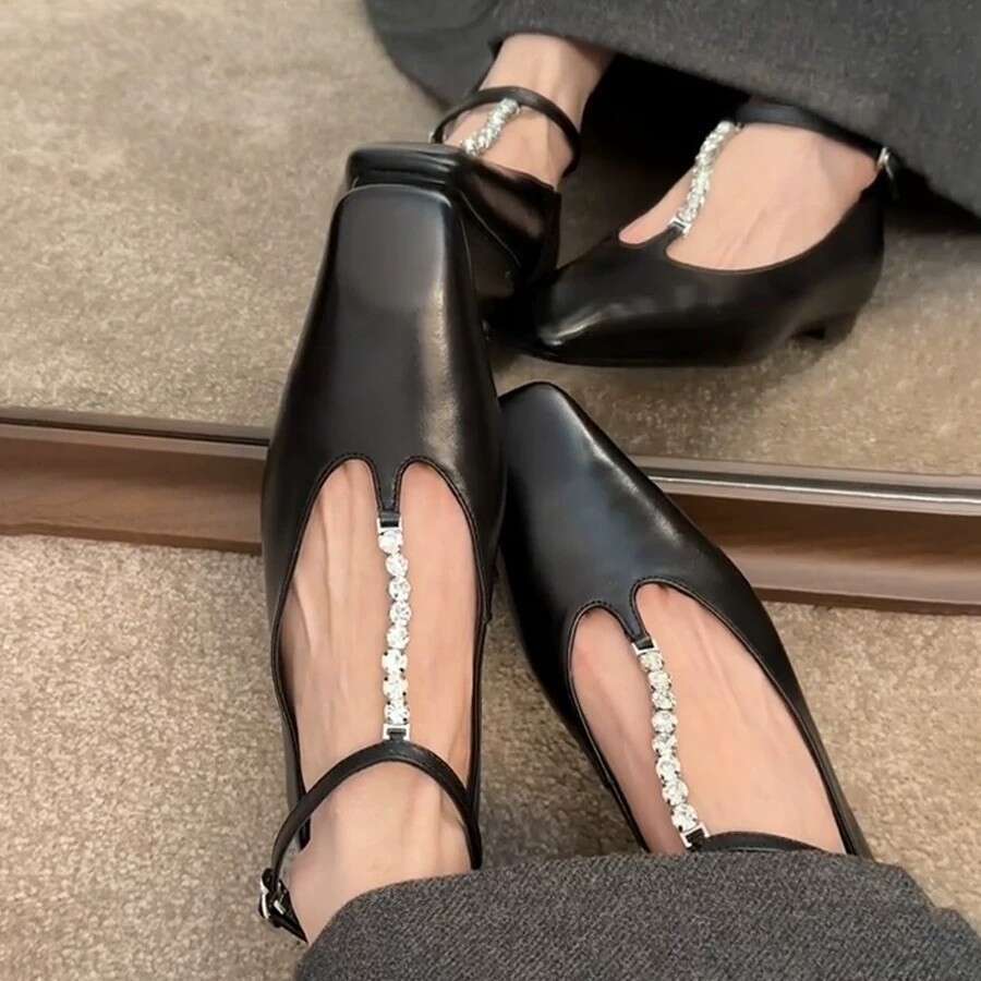 Genuine Leather French Style High-End Rhinestone T-Strap Square Toe Shallow Mouth Flat Mary Jane Shoes for Women Spring and Autumn