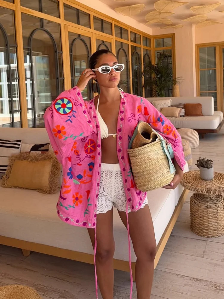 Chic Embroidery Pink Lace Up Woman Short Coat Casual Long Sleeves V Neck Jacket 2025 Autumn Lady Street Outerwear 250917Z