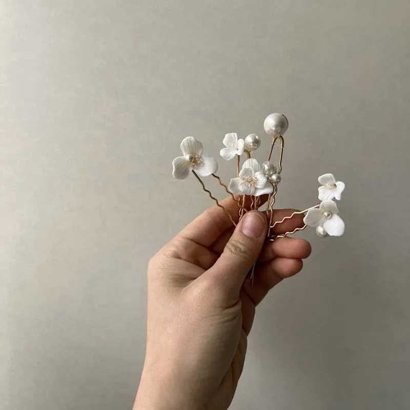 SLBRIDAL Handmade INS Ceramic Flower Leaf Pearls Bridal Hair Pin Set Wedding Hair Sticker Hair cessories Women Hair Jewelry L250928133Q