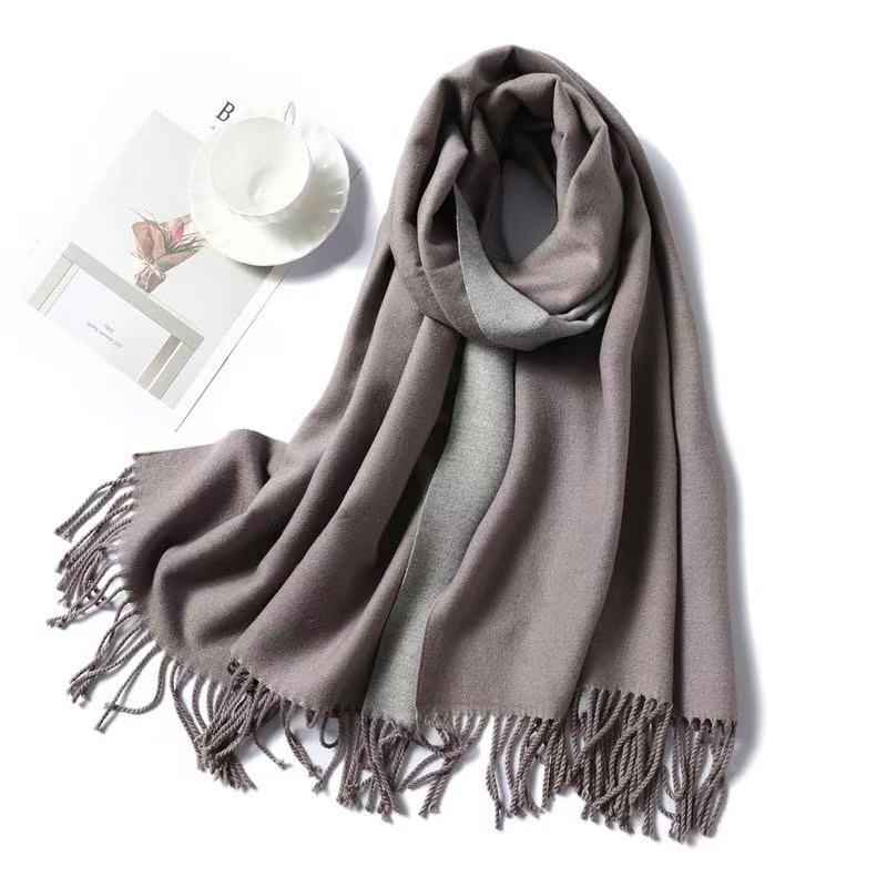 T1885 Simple Solid Color Cashmere Scarf, Unisex, Thick and Warm for Winter, Double-Sided, Two-Tone Design, with Tassels, Comes in a Bag
