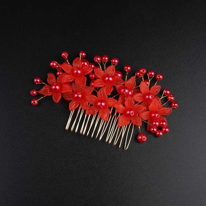 Handmade Red Pink Flower Wedding Hair Combs Pearl Bridal Headpiece For Women Headdress Prom Hair cessories L250928F9KH