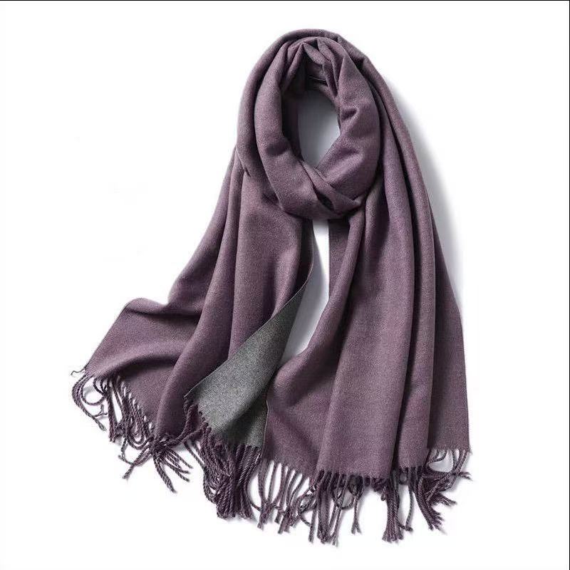 T1885 Simple Solid Color Cashmere Scarf, Unisex, Thick and Warm for Winter, Double-Sided, Two-Tone Design, with Tassels, Comes in a Bag