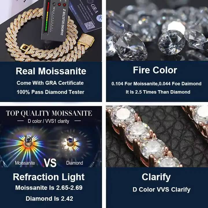 Luxury Mens Hip Hop Moissanite Jewelry 8mm 10mm 12mm Gold Plated Cuban Link Chain Past Diamond Test VVS Moissanite Necklace