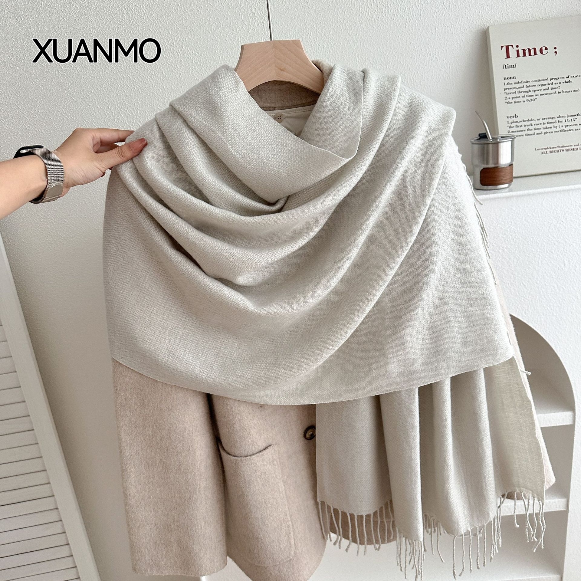 K2008 Texture upgrade | Faux cashmere solid color tassel scarf, thickened and versatile shawl for autumn and winter, unisex style