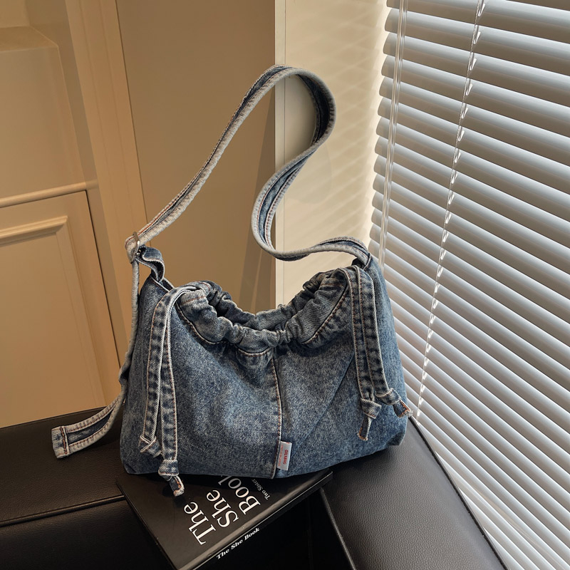 Artistic Denim Tote for Women, Large Capacity Drawstring Shoulder Crossbody Bag, Student Class Commuting Bag