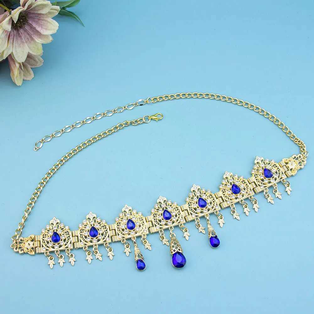 Neovisson Fashion Style Gold Color Moroccan Women Hair Chain Forehead Chain Arabic Bride Wedding Jewelry Crystal Headbands Gift L25092857BJ