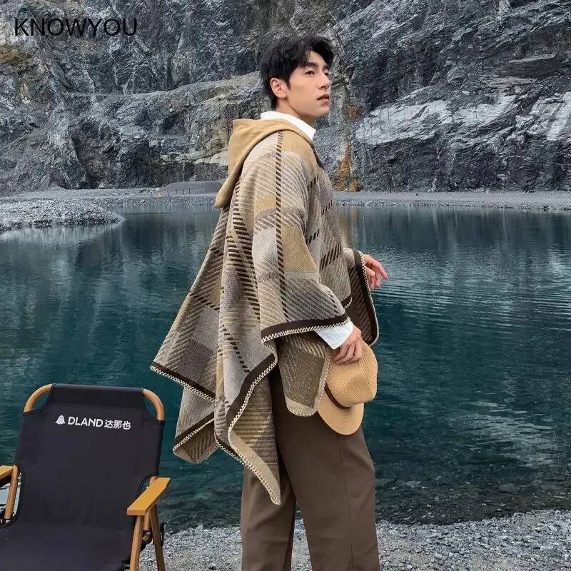 Men Poncho Winter Warm Shawl Thickening Blanket Scarf Male Cloak Cashmere Blend Pashmina Cape Stole Plaid Wraps