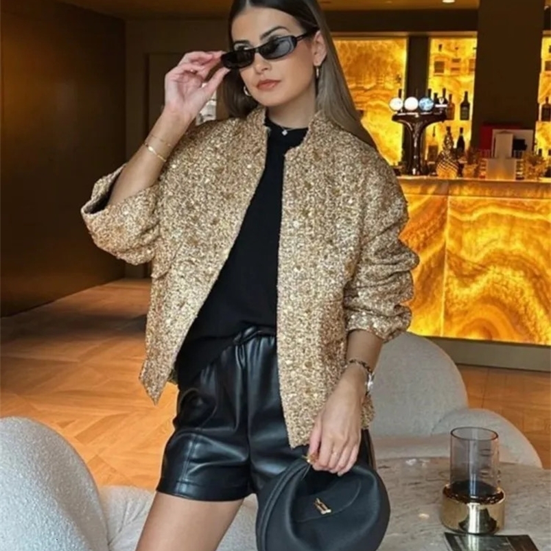 Women Fashion Sequins Shiny Short Jacket Elegant Long Sleeves Stand Collar Crop Coat Autumn Ladies High Street Partywear 240110