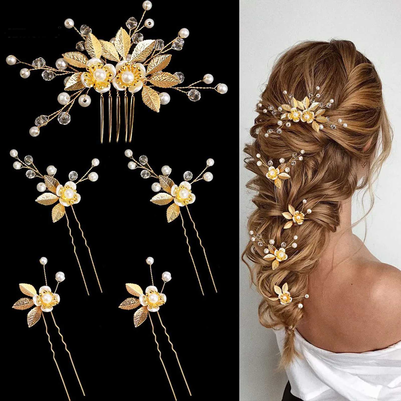 Wedding Pearl Flower Hairpin Side Comb Golden Leaf Alloy Tiaras Wedding Bride Insert Hair Clips Hair Jewelry Bride Headwear 5Pcs L2509280E84