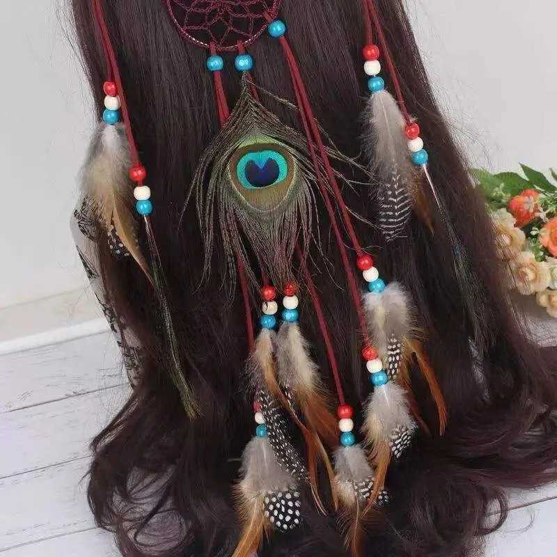 Indian Ethnic Style Bohemai Vintage Dream Catcher Peock Feather Tassel Adjustable Headband Head Jewelry Hair cessories L250928804A