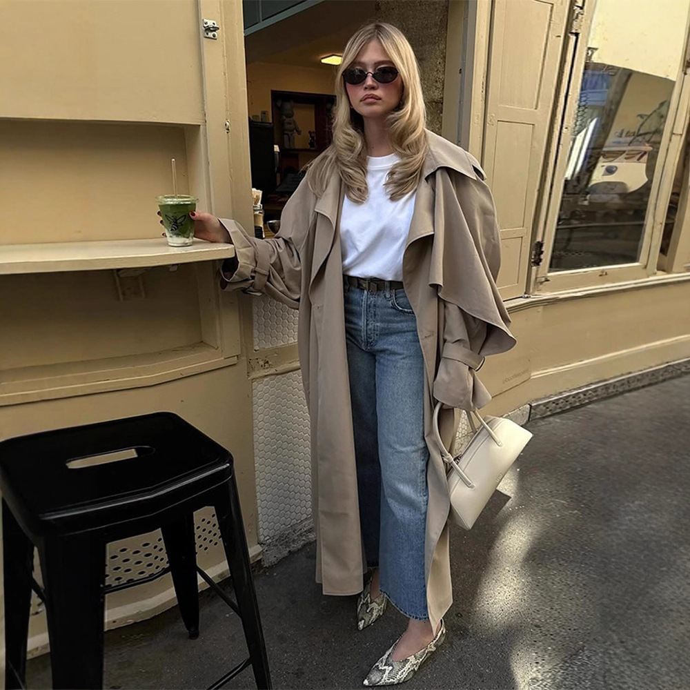 Fashionable Elegant Solid Color Shawl Sleeve Long Trench Coat for Women Autumn Style 250929