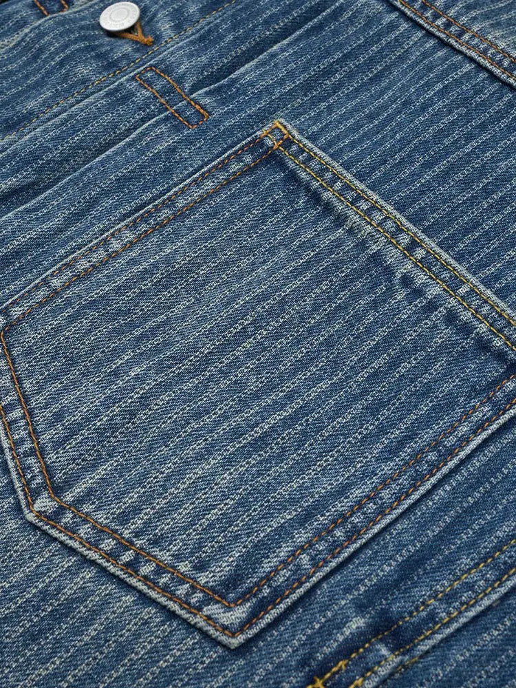 2025 Autumn Oversize Short Length Vertical Striped Denim Jackets Men Chore Coats Cargo 100 Cotton Outwear 250917Z