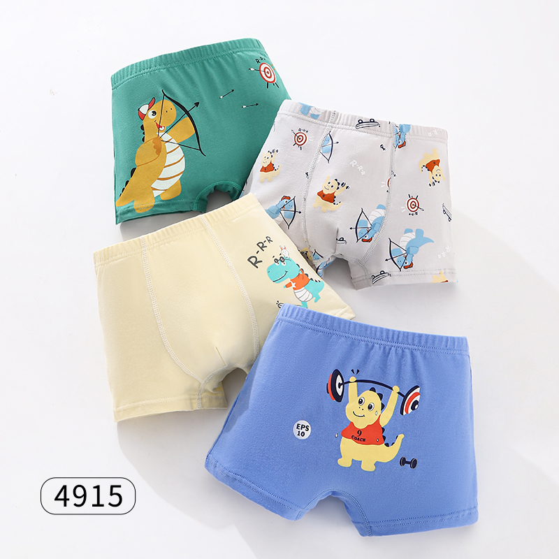 4 - Piece Kids' Cartoon Dinosaur Printed Pure Cotton Boxer Briefs, Class A Antibacterial Boys' Underwear-4915