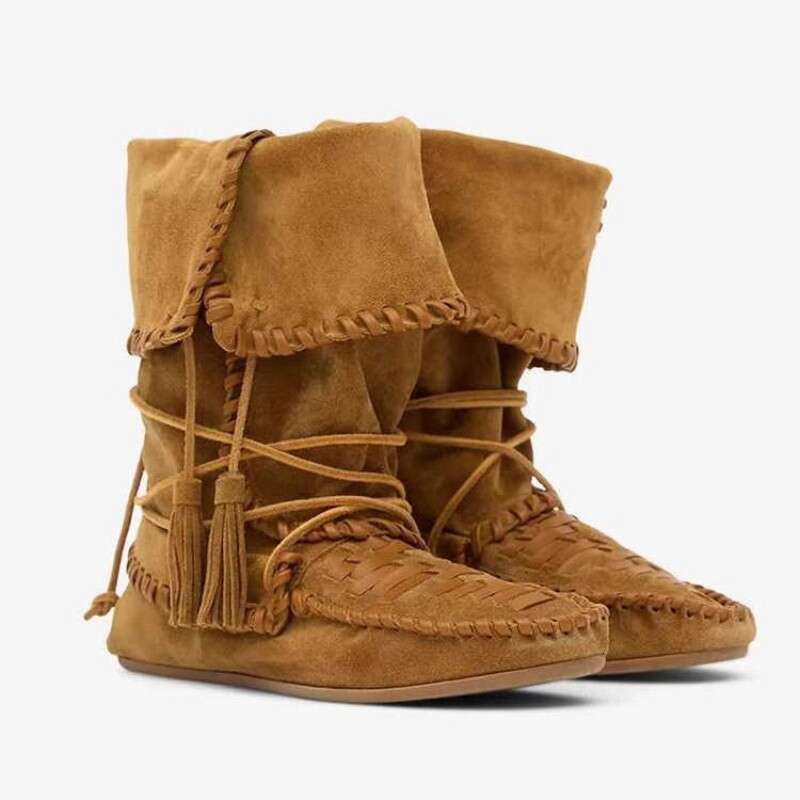 High-End 2025 Autumn Winter New Martin Round Toe Tassel Flat Lace-Up High Tube Riding Long Boots Versatile
