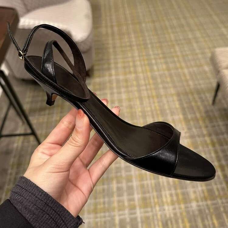 Cowhide Version French Niche Cat heel Strap Open Toe Sandals for Women 2025 New High heheels Slippers