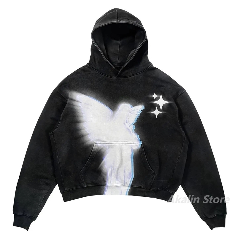 Harajuku streetwear men Oversized angel Print Hoodies Women Tops tracksuit Couples Sweatshirt Goth Y2k Clothes clothing 240711