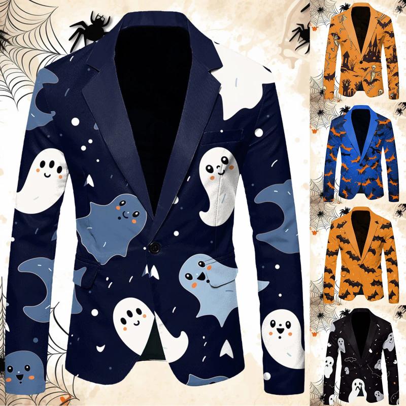 Men's Jackets Halloween Trendy Blazers Jacket Mens Long Sleeve Lapel Button Suit Fun Print Dress For Men