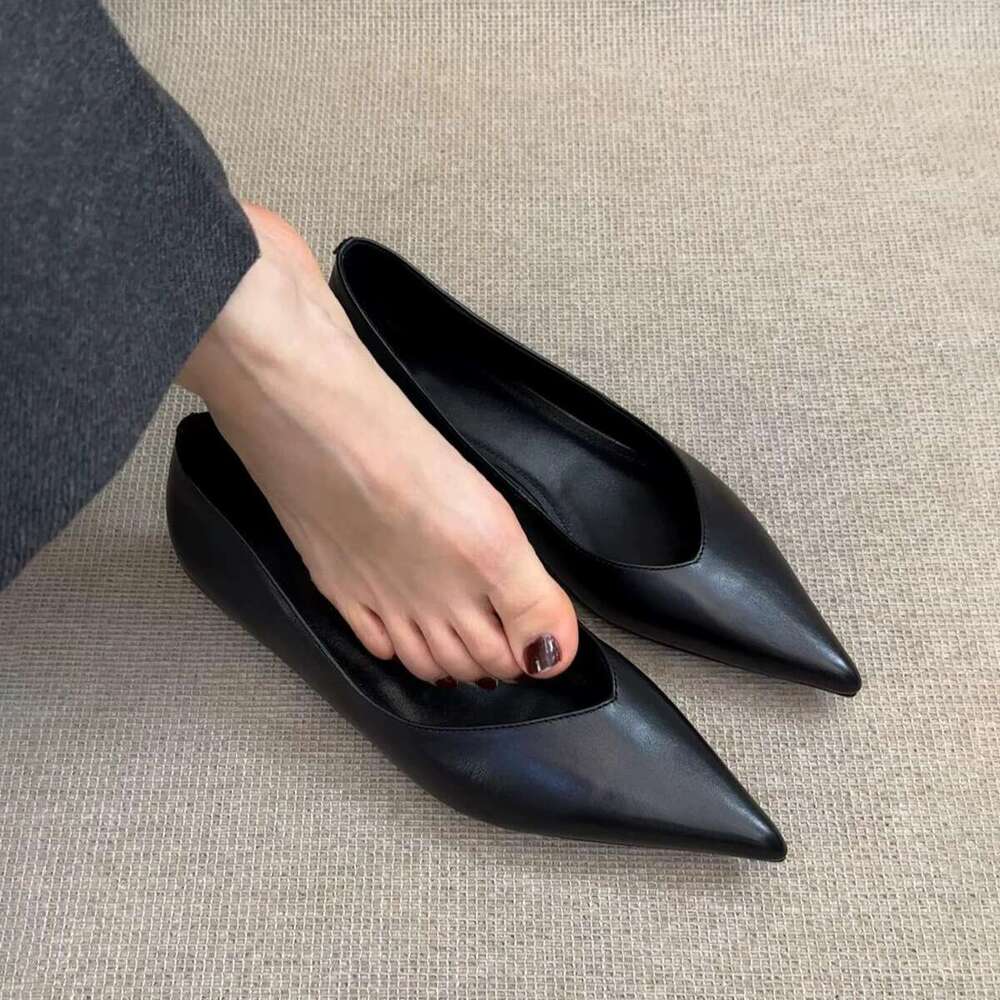 Genuine Leather French Minimalist Style Shallow Mouth Pointed Toe Single for Women 2025 New Spring heelegant Flat Hidden heel Women's Shoes