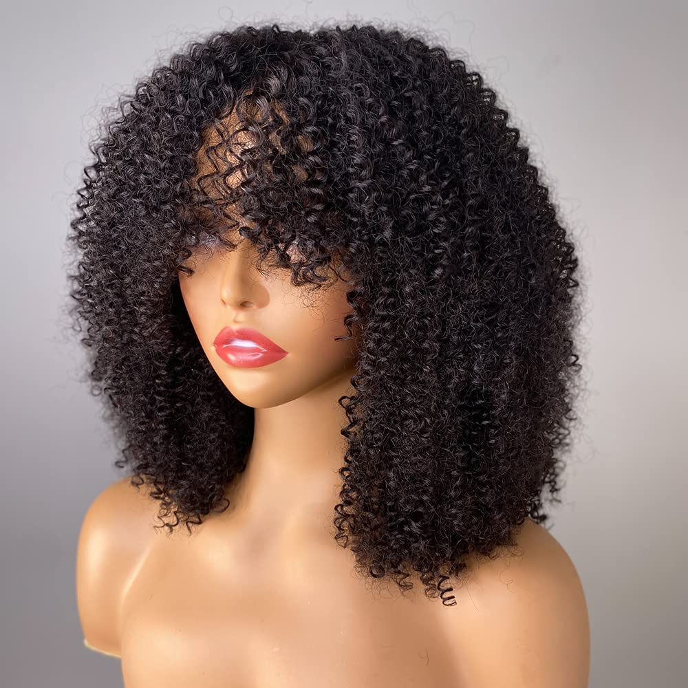 4C Afro Kinky Curly Pixie Cut Bob Wigs Short Human Hair Fringe Wig With Bangs For Women