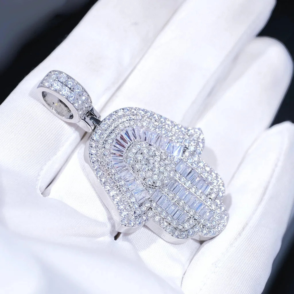 Hip Hop Jewelry Micro Iced Out Baguette CZ Hamsa Hand Pendant with 24 TennisRope Chain Necklaces for Men Women 250922