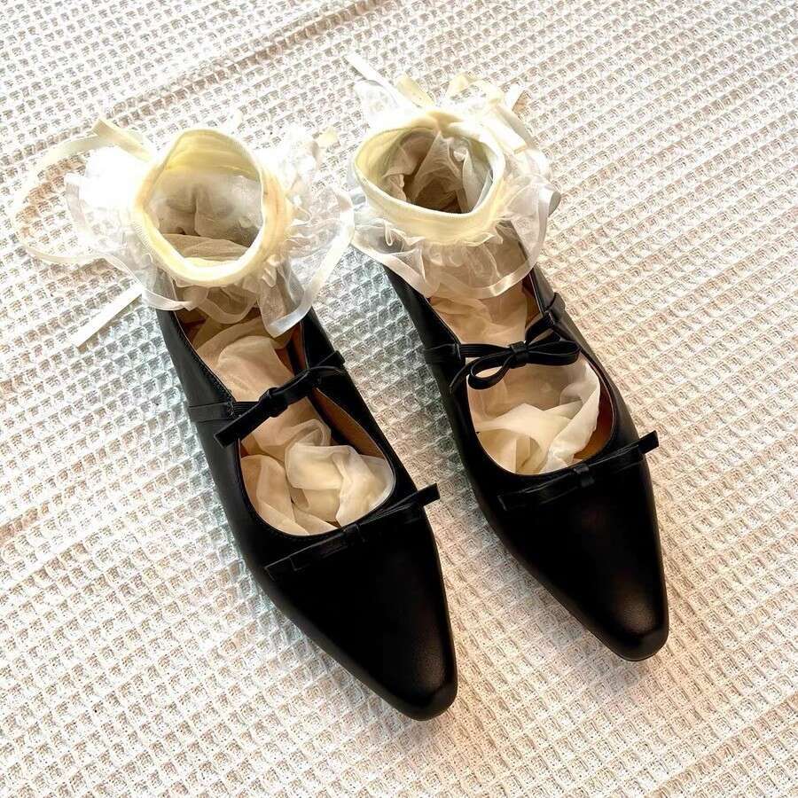 Genuine French Pointed Toe Shallow Mouth Bowknot Flat for Women 2025 Spring New Versatile Mary Jane Small Leather Shoes
