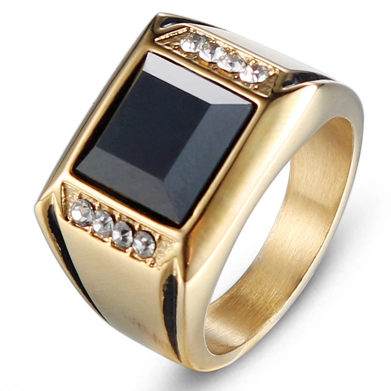 HIP HOP Bling Iced Out Stainless Steel Geometric Square Black CZ Ring Men Signet Rings for Man Jewelry Gold Color 250922